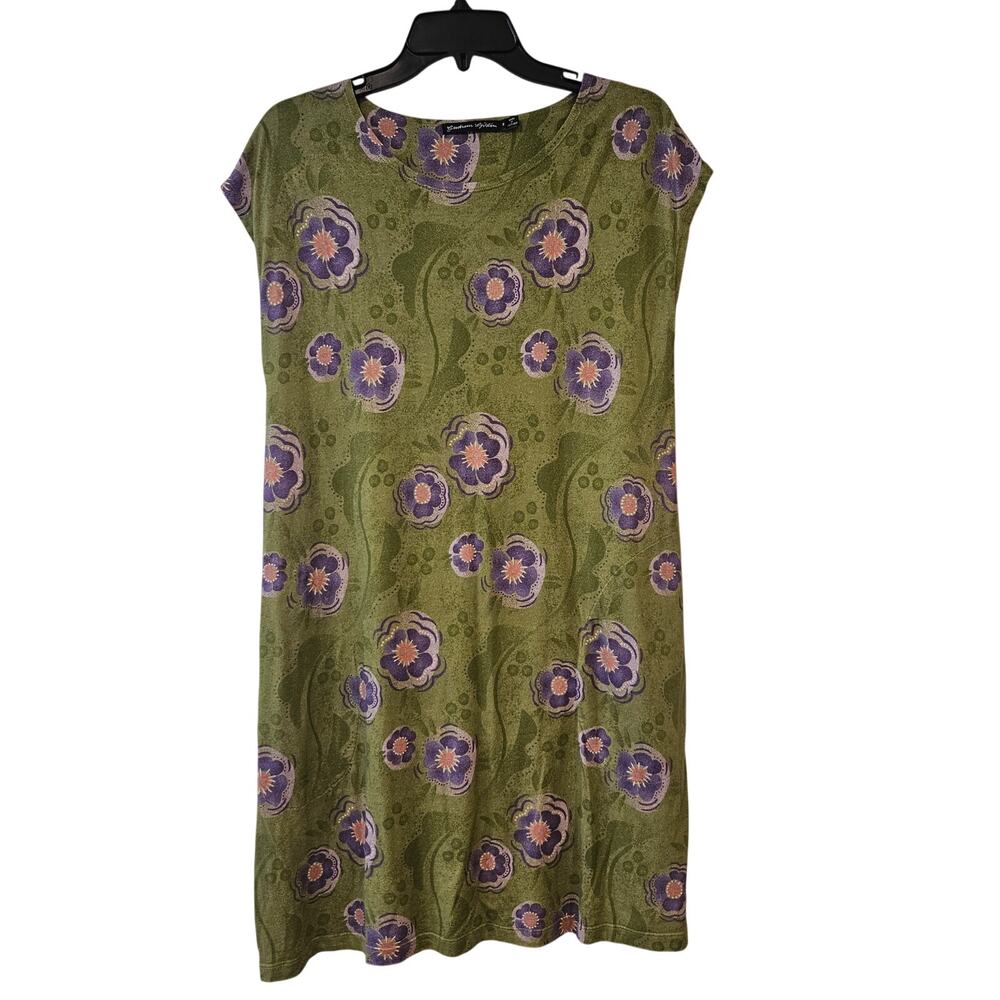 Gudrun Sjödén Olive Green Floral Dress Size S Botanical Shift Midi Artsy Comfy
